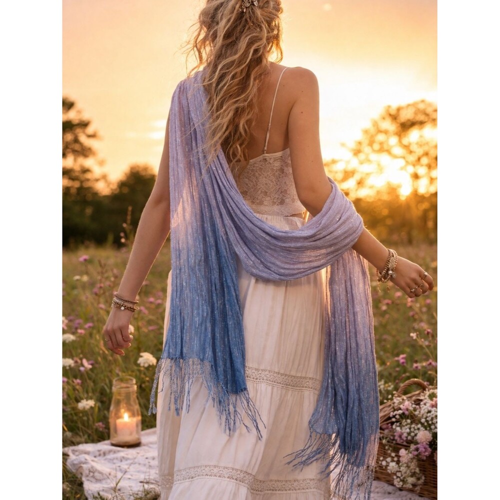 Blue Purple Ombre Metallic Shimmer Scarf Fringe Long Lightweight Wrap